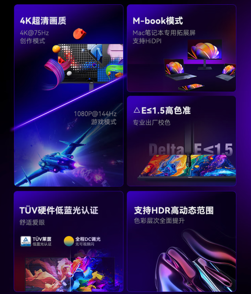 4K 75Hz/FHD 144Hz双模 27英寸HKC显示器到手1499元